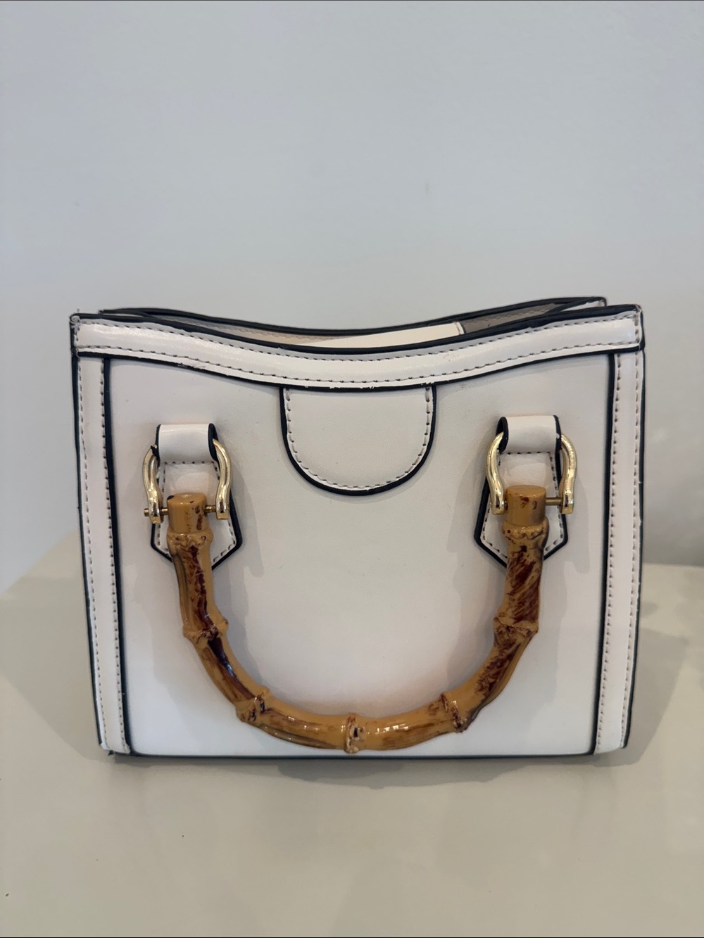 White Mini Bamboo-Handle Top-Handle Bag